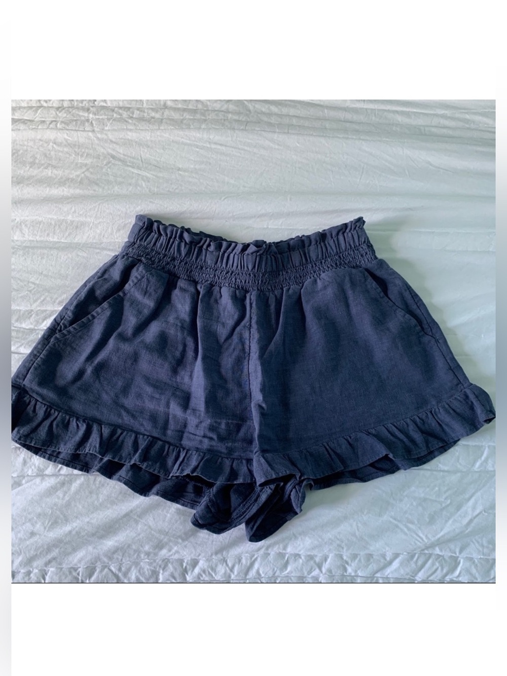 Aerie Navy Blue Linen Blend Paperbag Waist Ruffle Shorts XL Coastal Boho